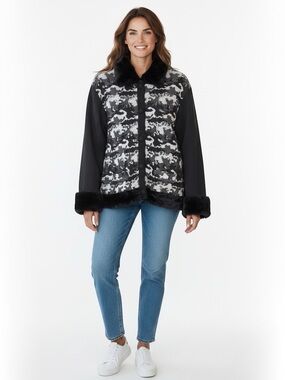 Pronto Gold Black Camo Faux Fur Trim‎ Button Front Sweater Jacket Wool Blend - M